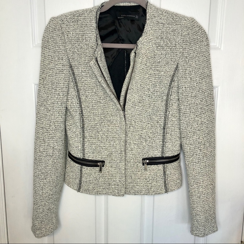 ZARA Zip Up Light Grey Tweed Jacket extra small